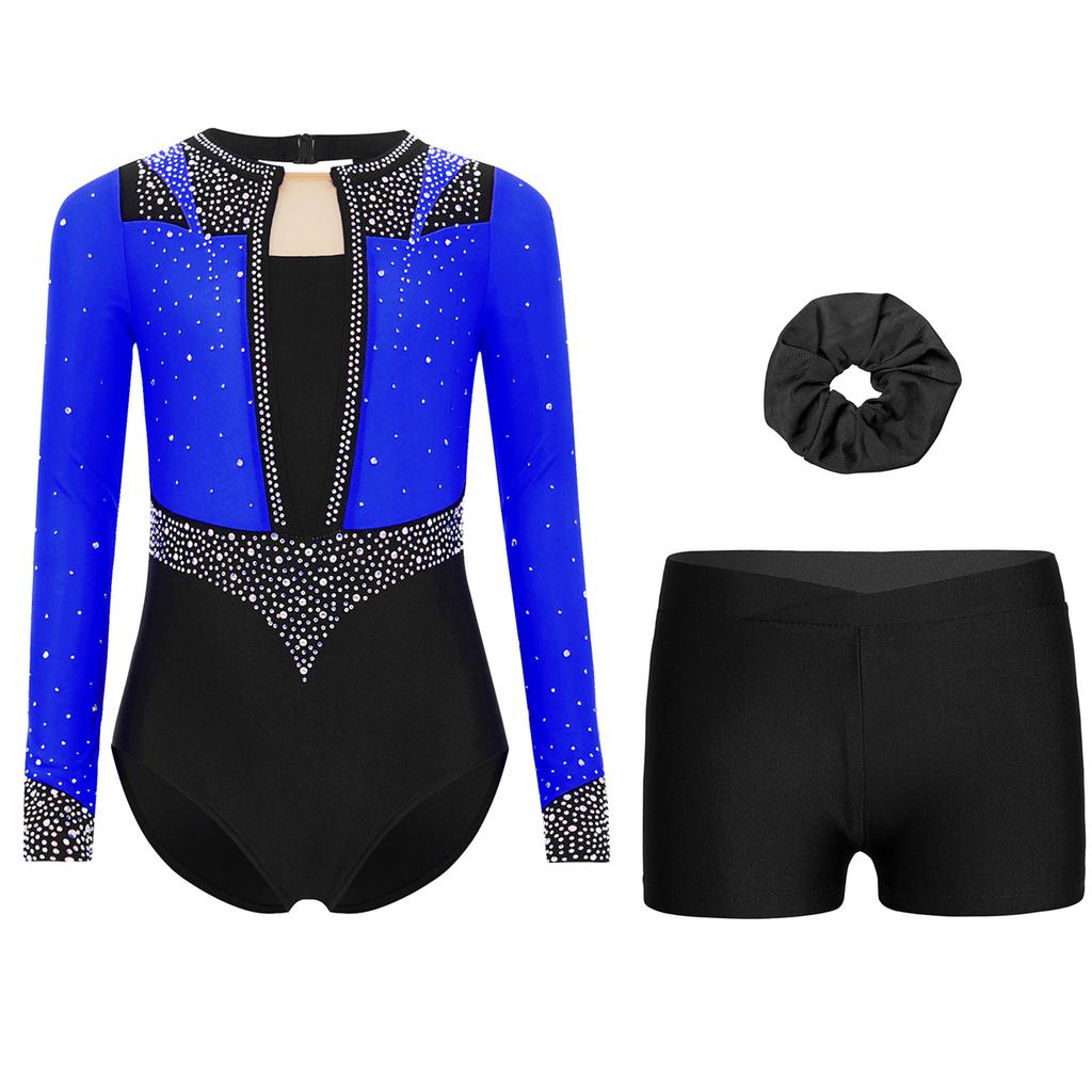 Girls Gymnastics Figure Skating Dance Set 3Pcs: Long Sleeve Keyhole Back Rhinestone Leotard with V-Front Shorts & Hair Band