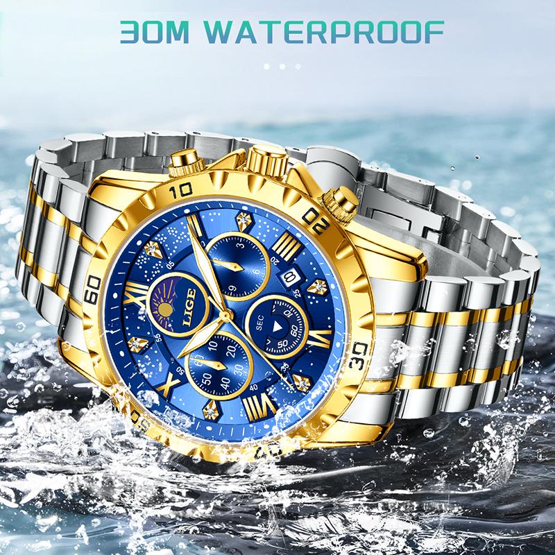 LIGE Top Brand Luxury Watches Men Fashion Multifunction Quartz Wristwatches 30M Waterproof Luminous Steel Mens Watch Reloj