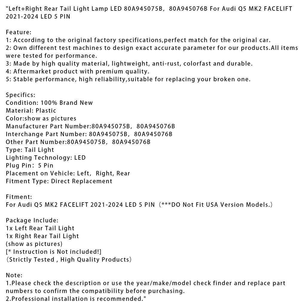 Left+Right Rear Tail Light Lamp LED 80A945075B 80A945076B For Q5 MK2 FACELIFT 2021-2024 LED 5 PIN