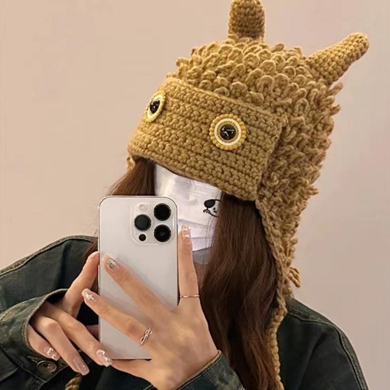 Winter Warm Knit Hat for Women Funny Monsters Hat Hooded Skull Hat Outdoor Activity Cap Windproof Headwear Pullover Hat