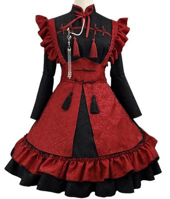 Shangki Maid Outfit, Chinese Lolita Dress, Gothic Lolita Waitress Dress with Ruffles and Headband, Red (Red, Size XL)