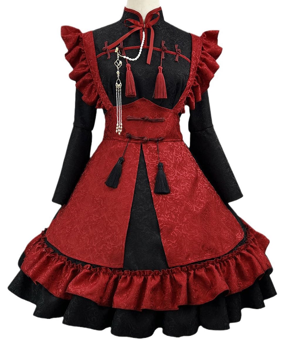 

Костюм горничной Шанки, китайское платье Лолиты, готическое платье горничной Лолиты с оборками и повязкой на голову, красное (Красный, Размер XL)