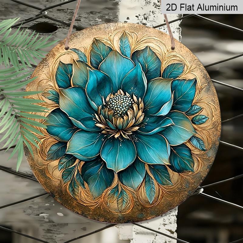 2D Flat, 1pc Retro Turquoise Flower Mosaic Round Wall Art, 2D Aluminum Sign with Golden Accents Frameless, Perfect for Home Decor, Balcony, Rustic