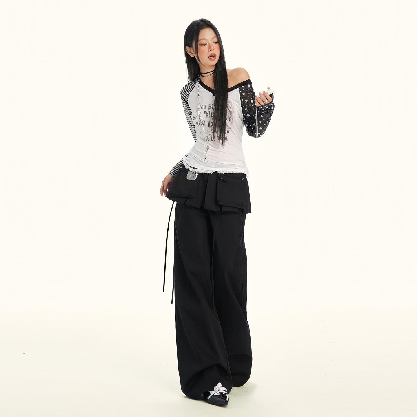 Women s Retro Faux Patchwork Wide-Leg Cargo Pants - Winter Casual and Versatile Large