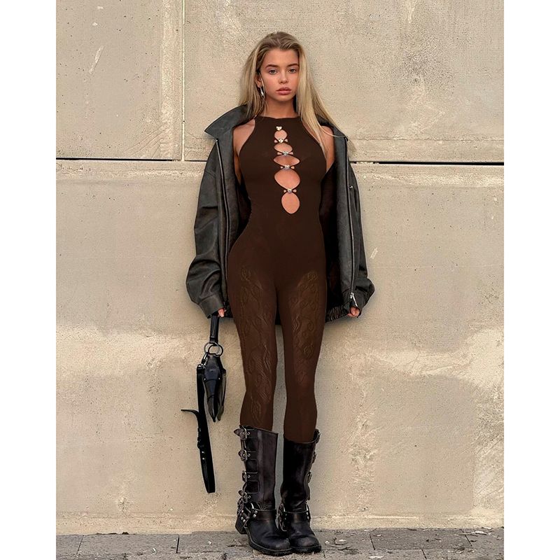 

Kkx Мода Уличный Вырез Сердце Форма Стразы Безрукавный Леотард Сексуальный Модный Облегающий Жаккардовый Прозрачный Комбинезон Black jumpsuit All yards