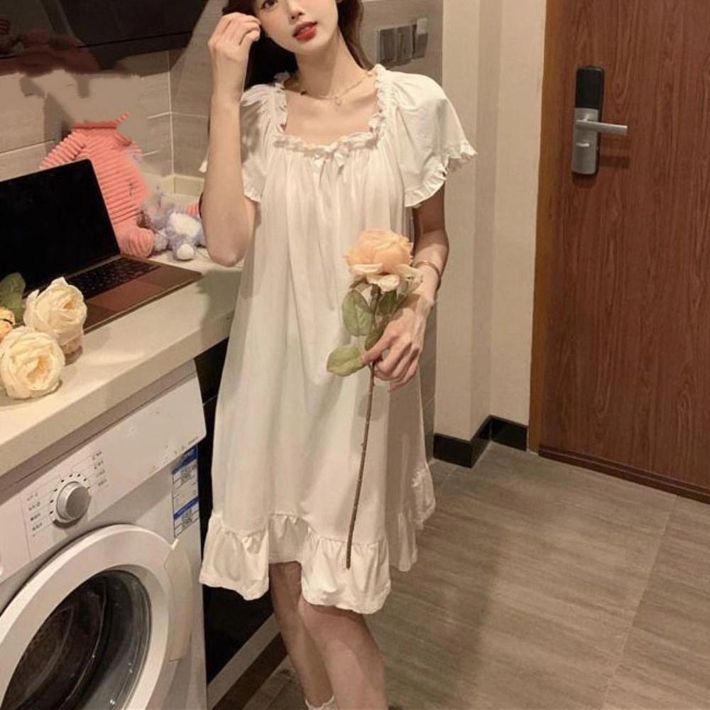 Short Sleeve Women's Pajama Dress Loose Princess Nightgown Casual Ruffle Nightdress Female
