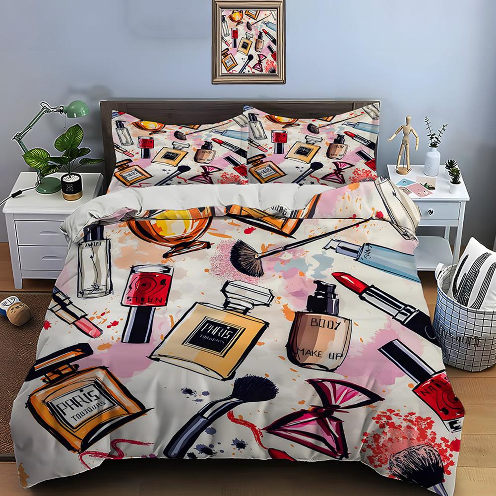 3PC Fashion Make Up Print Bedding Set Duvet Cover 1 Duvet Cover 2 Pillowcases Adult and Children Bedding Set Luxury Girls Gifts
