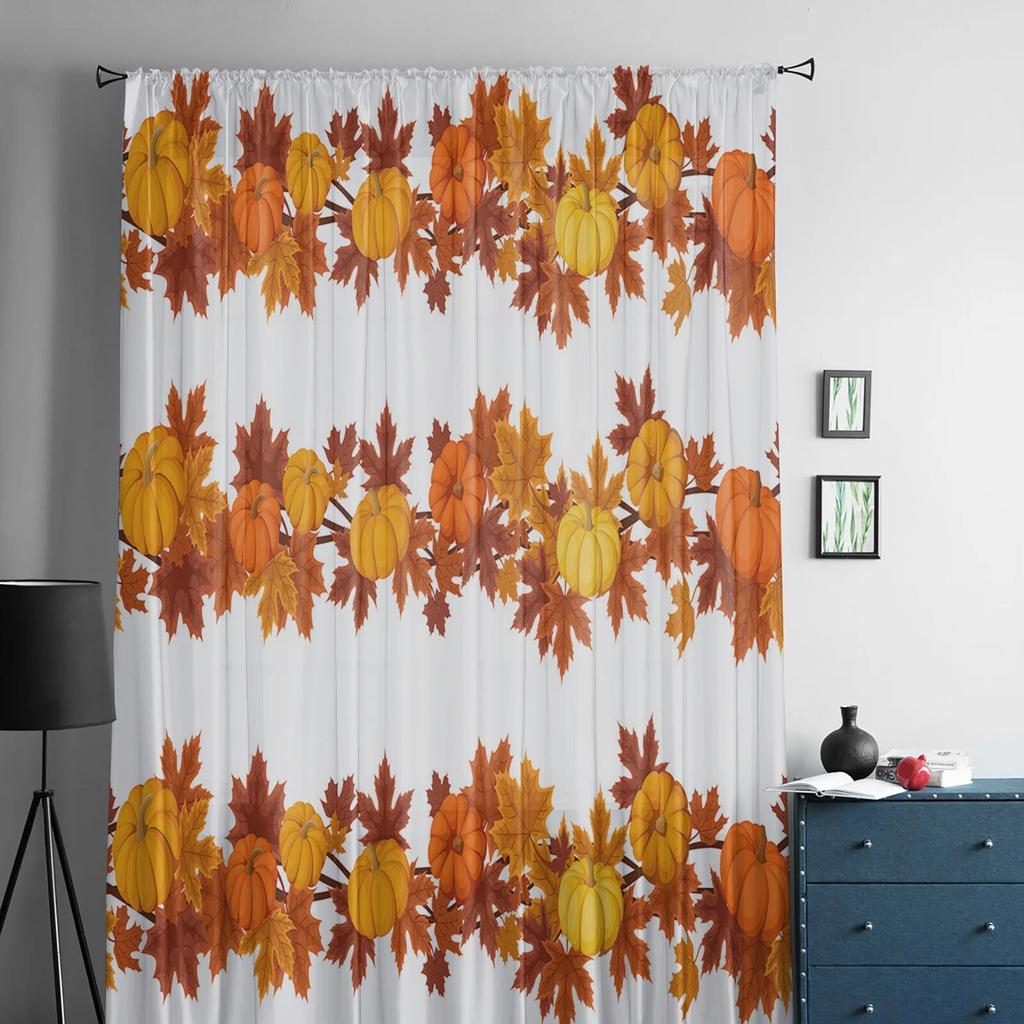 Thanksgiving Autumn Pumpkin Maple Leaf Tulle Curtains For Living Room Bedroom Modern Chiffon Sheer Kitchen Curtains
