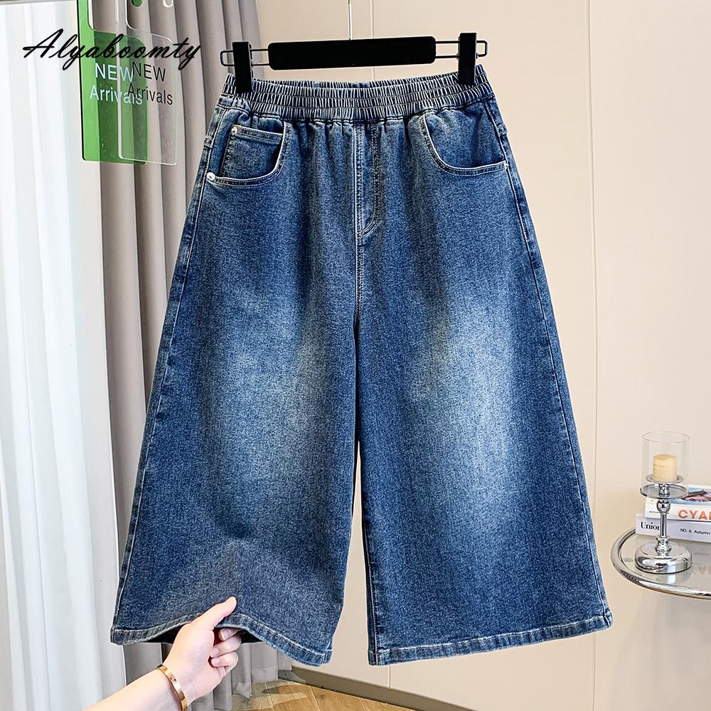 Duże Rozmiary Letnie Damskie Niebieskie Jeansowe Capris Elastyczna Talia Płukana Bawełna Krótkie Dżinsy Klasyczne Jednolite Codzienne Luźne Damskie Capris XL-5XL