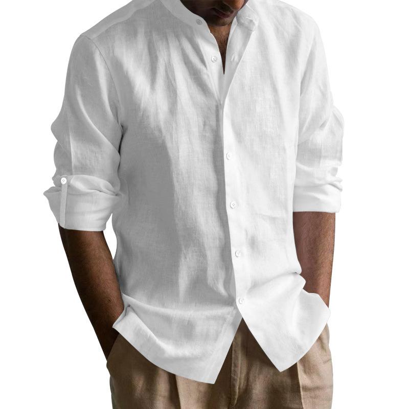 Men's Cotton-Linen Stand Collar Breathable Henley Neck Casual Long-Sleeved Shirt