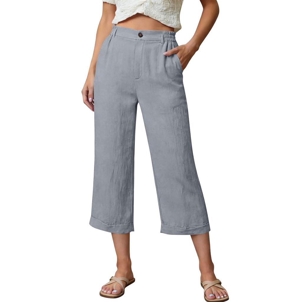 Women’s Wide Leg Cropped Pants Relaxed Fit High Waist Trousers with Pockets Button Closure Lightweight Material