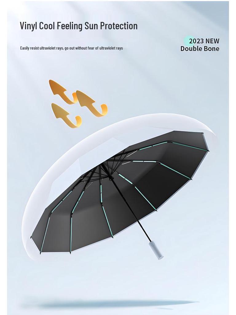 60-Bone Double-Rib Automatic Folding Umbrella: Black Sunshade & Rain Protection, Dual-Use for UV Sunscreen or Business Advertising.
