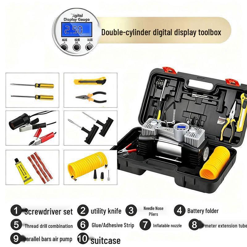 Dual Cylinder Car Air Pump, 150W - High Pressure, Multi-Function, Auto Fill & Stop for Sedan Tires.