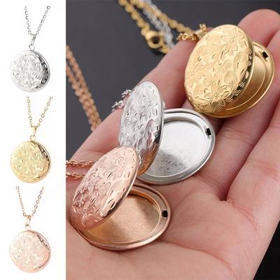 Round Photo Picture Locket Flower Carving DIY Necklace Fashion Photo Frames Pendant For Women