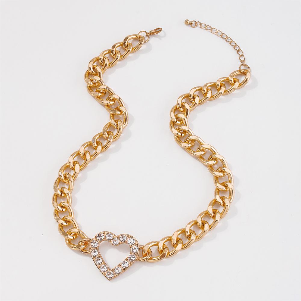 Women Streetwear Metal Chain Necklace Rhinestone Hollow Heart Clavicle Necklace Hip Hop Simple Personality Choker Jewelry