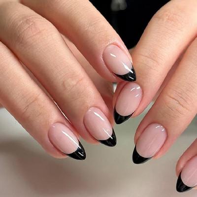 24 Pezzi Unghie Finte Press On Lucide Corte a Mandorla Unghie Finte Deliziose Semplici da Applicare Unghia Nera con French Tip Unghia Artificiale