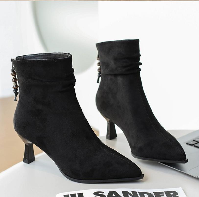 Vintage Pointed Toe Women Ankle Boots Autumn Ladies Concise High Heel Slip On Short Botas Zapatos De Mujer Fur Shoes with Heels