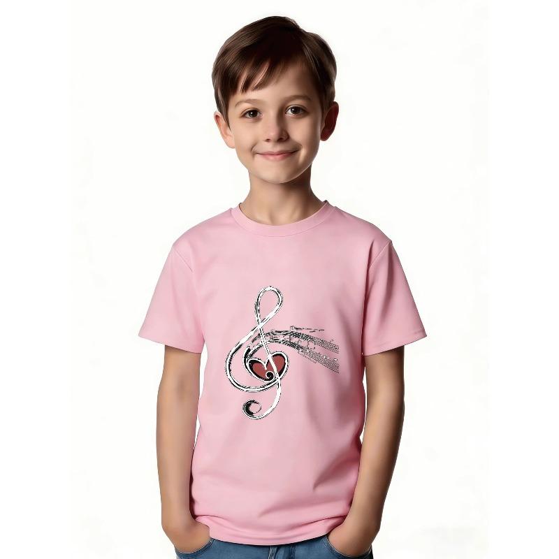 European sizes Kids' Music Love Heart Style T-Shirt - Unique Black Base with White Musical Notes and Abstract Treble Clef Design