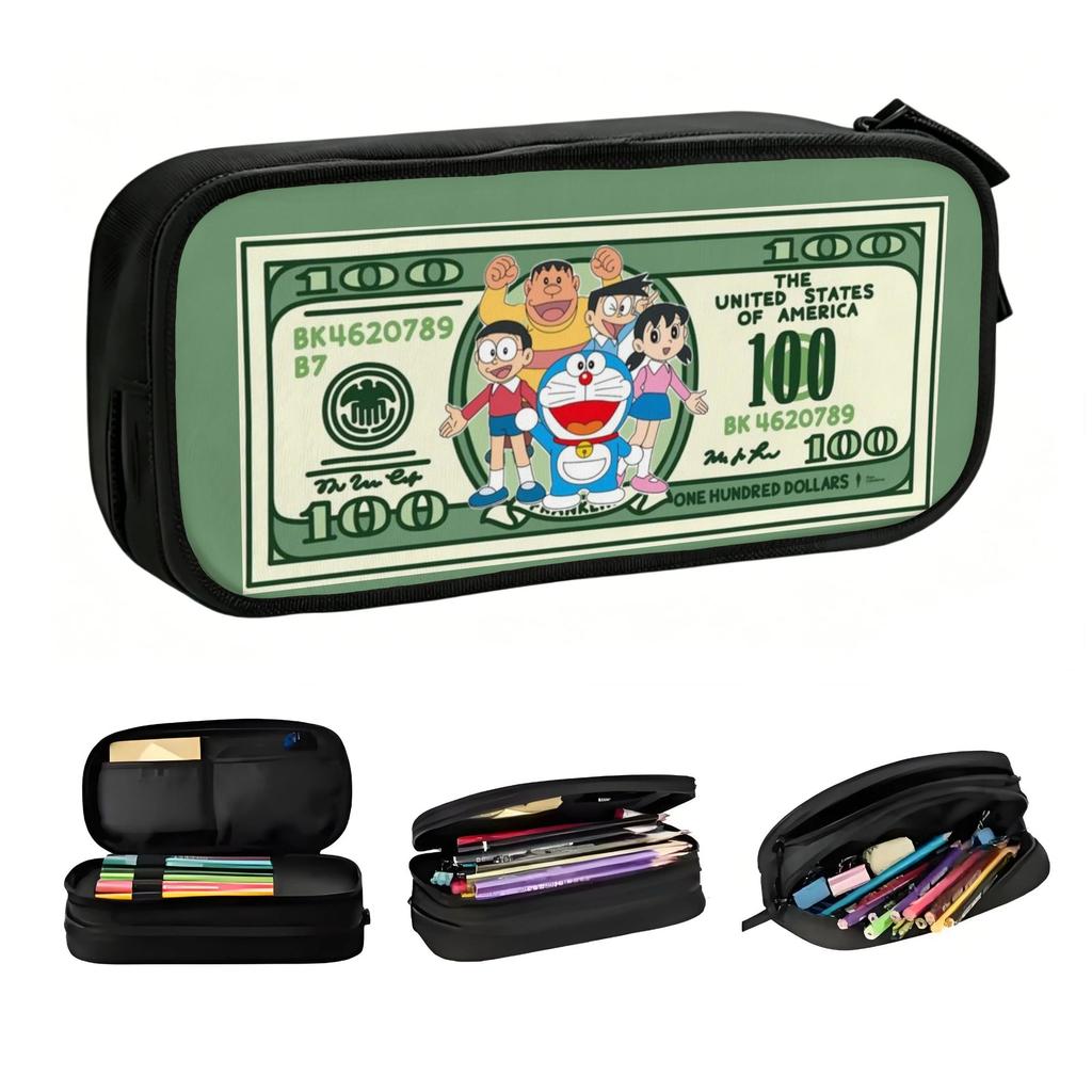 Cute D-Doraemon One hundred Gollars Pencil Case for Girls Boys Large Storage Robot Cat Pencil Pouch School Supplies