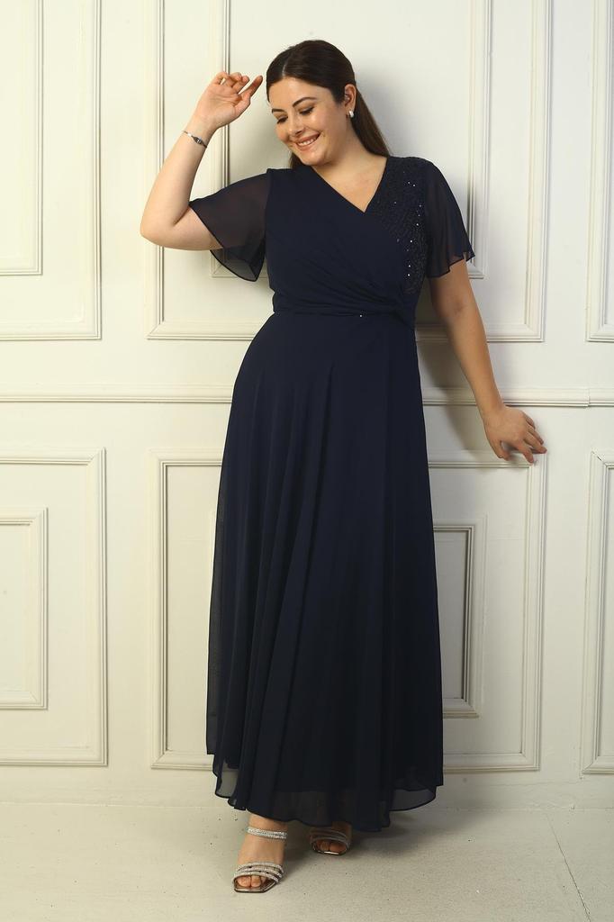Women's Double-Breasted Front Knotted Sequin Detailed Lined Plus Size Long Chiffon Dress
