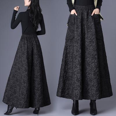 Nationaler Stil Schwimmende Jacquardhose mit weitem Bein für Damen im Herbst und Winter in Übergröße, schmale Culottes mit elastischer Taille und Regenschirm, lässige Stiefelhose