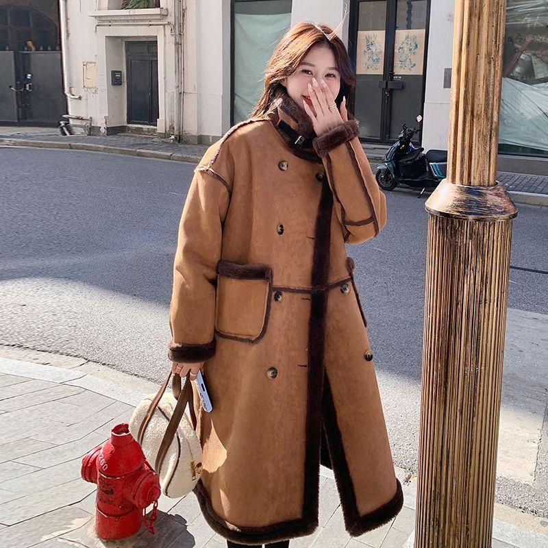 Korean Style Winter Lamb Fur Loose Coat for Women Thick Warm Long  Fleece Lined Jacket