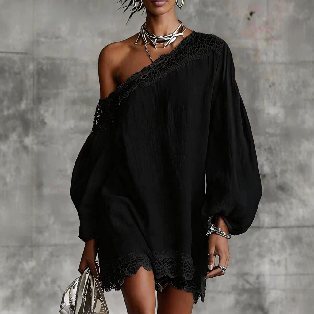 Elegant Lace Trim Mini Dress for Women Off Shoulder Long Puff Sleeves Fashion Date Night Evening Short Dresses Vestidos