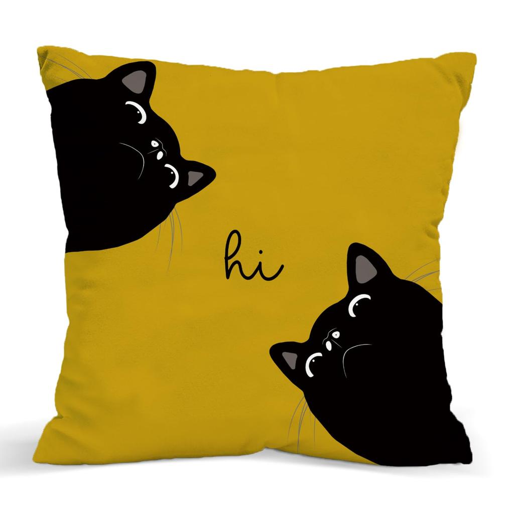 Cute Black Cat Pillowcase, Minimalist Cartoon Kitten Cushion Cover, Yellow Background Home Decor, Soft Throw Pillow for Bedroom