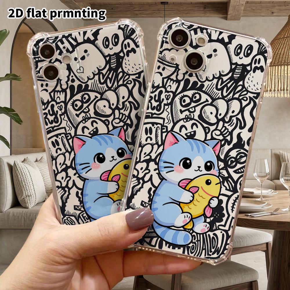 Phone Case: 2D flat suitable for iPhone 18 17 16 15 14 13 Pro, transparent four corner protective case, blue cat hugging a yellow fish, Christmas and