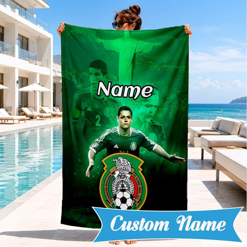 Custom Name Beach Towel Mexico Football Crest Microfiber Beach Towel, Lightweight for Summer Travel, Swimming Pool Fan Birthday Gift