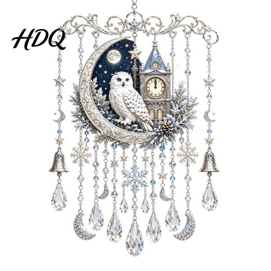 Clear Faceted Crystal Pendant Christmas Wind Chime with Bead Chain Cat Car/Owl Xmas Tree Ornaments Pattern Design Retro Hanging Ornament for