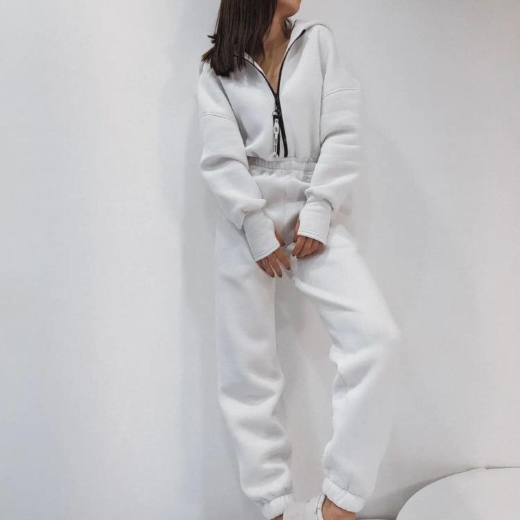 Women Solid Color Loose Long Sleeve Hooded Jumpsuit V Neck Wide Leg Pants Suit Autumn Winter Casual Outfit