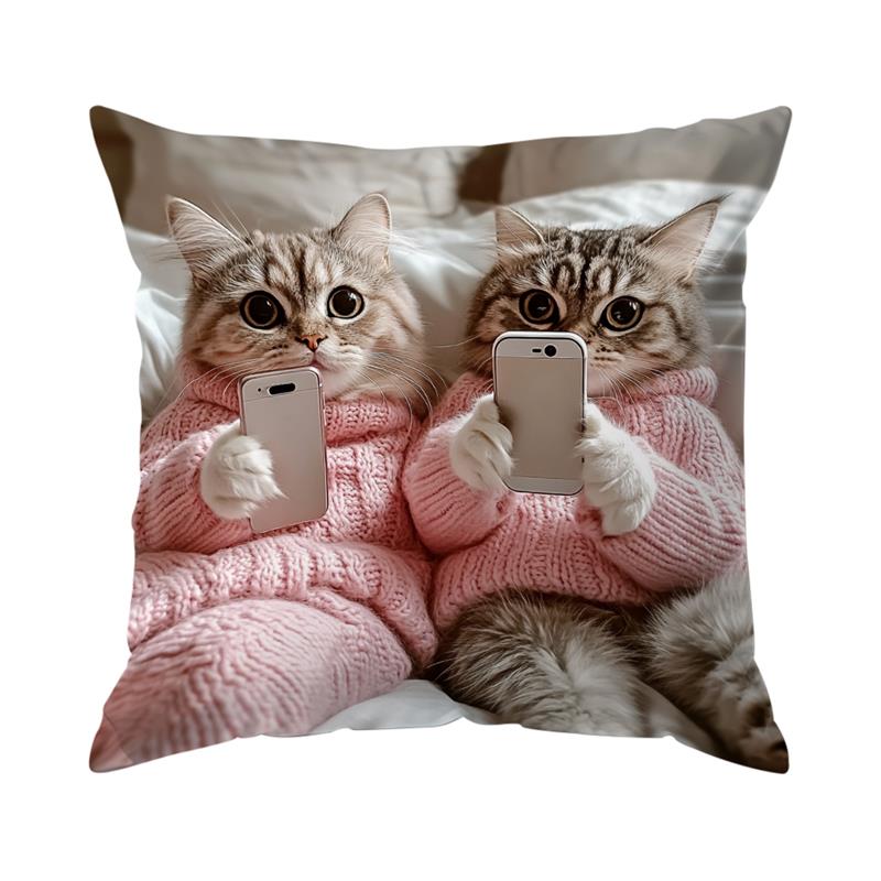 

Home Decor Cute Cats with Smartphones Printed Pillow Cover Pattern Cushion Cover Suitable for Sofa Bedroom Car Pillow Cover 16x16Inch