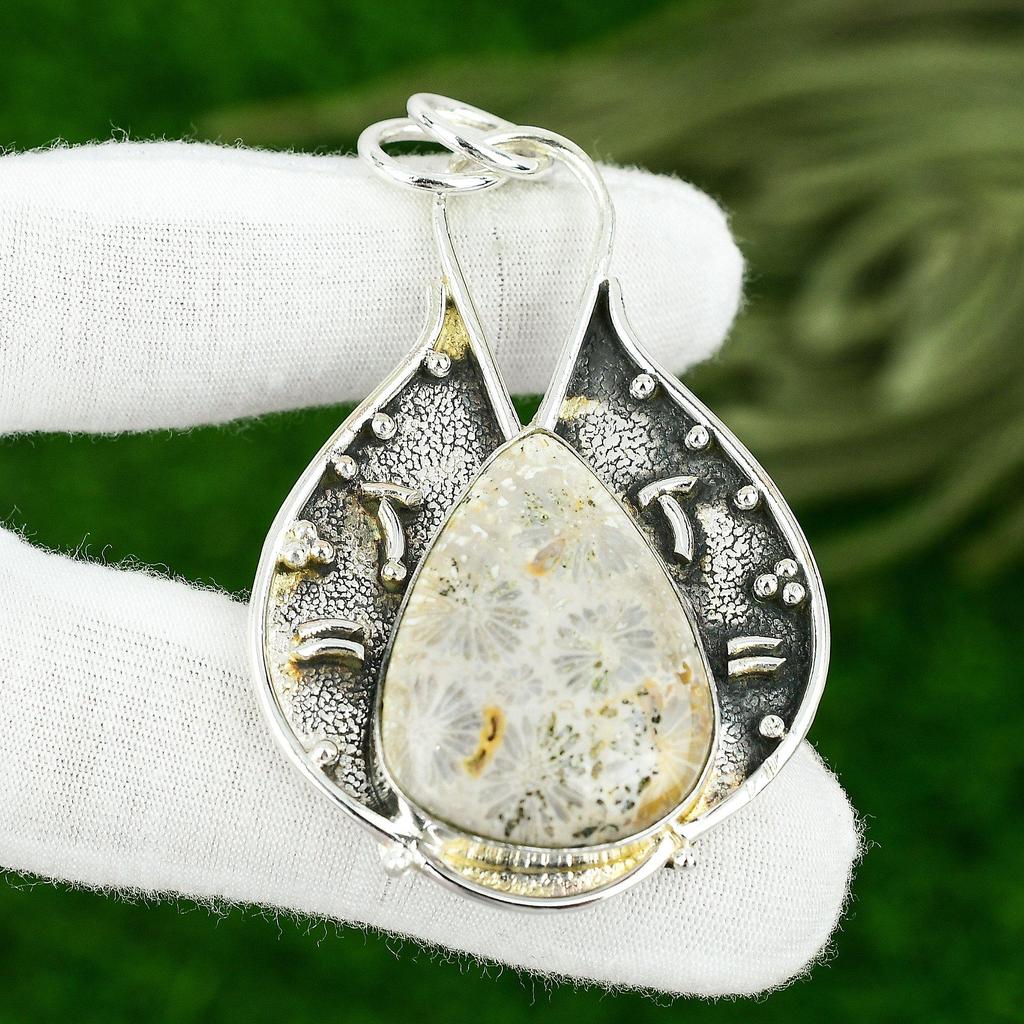 Fossil Coral Gemstone Birthday Engagement Elegant Boho Pendant Sterling Silver