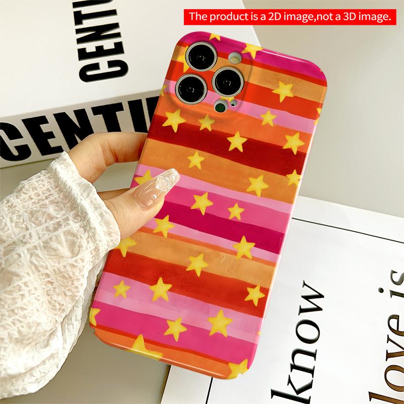 2DFlat Pink and orange striped phone case with yellow stars. All inclusive compatible with iPhone 18 Pro Max 17 16 15 14 13 12 11