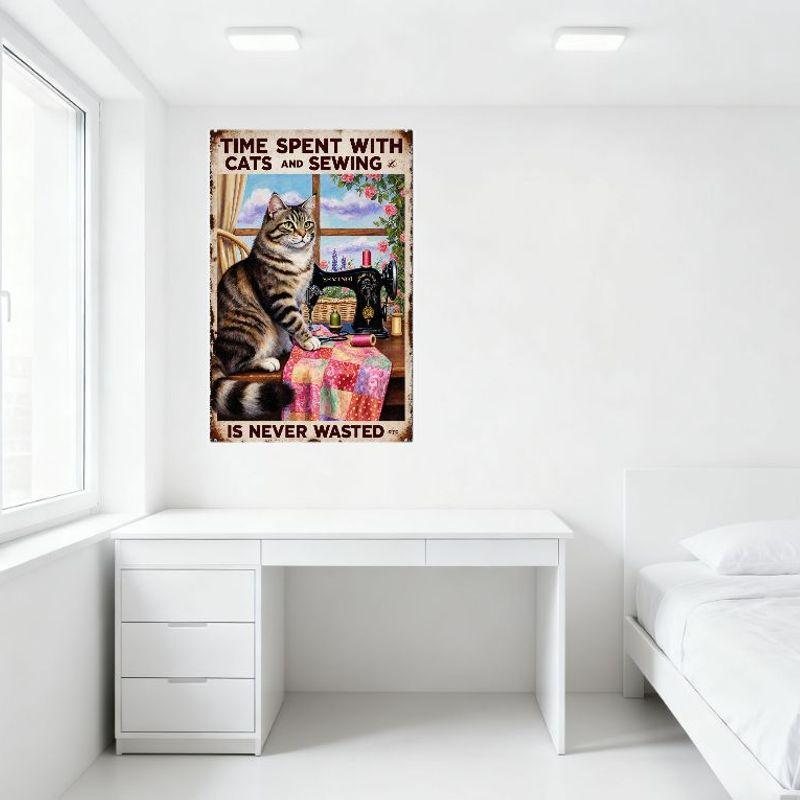 Vintage Metal Sign 'TIME SPENT WITH CATS AND SEWING' Rustic Cat Sewing Machine Patchwork Quilt Wall Decor for Home Office Bar Ca