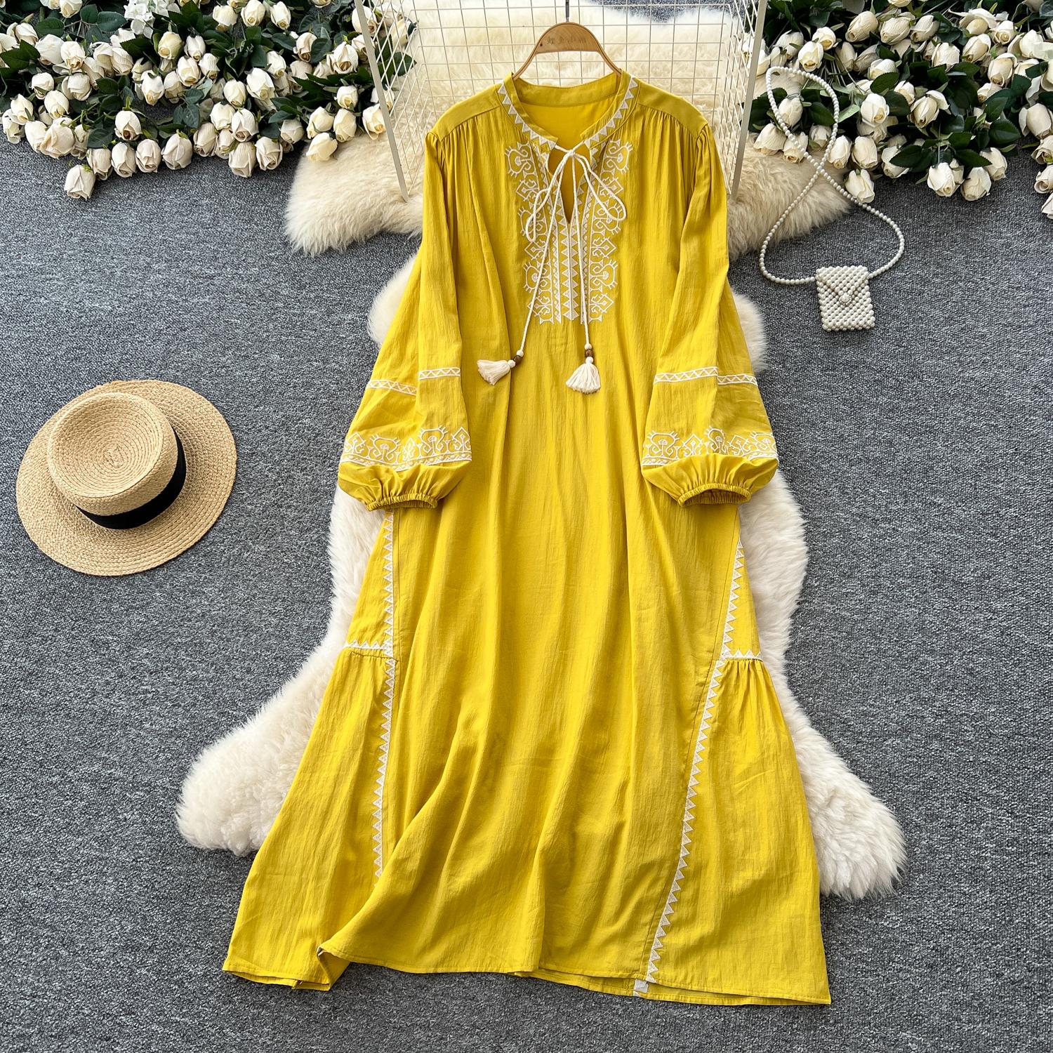 

Шикарное винтажное платье с длинным рукавом, свободного кроя, приталенное, элегантное, фея, корейская мода, бохо, сарафан, женская одежда, длинное платье One Size жёлтый