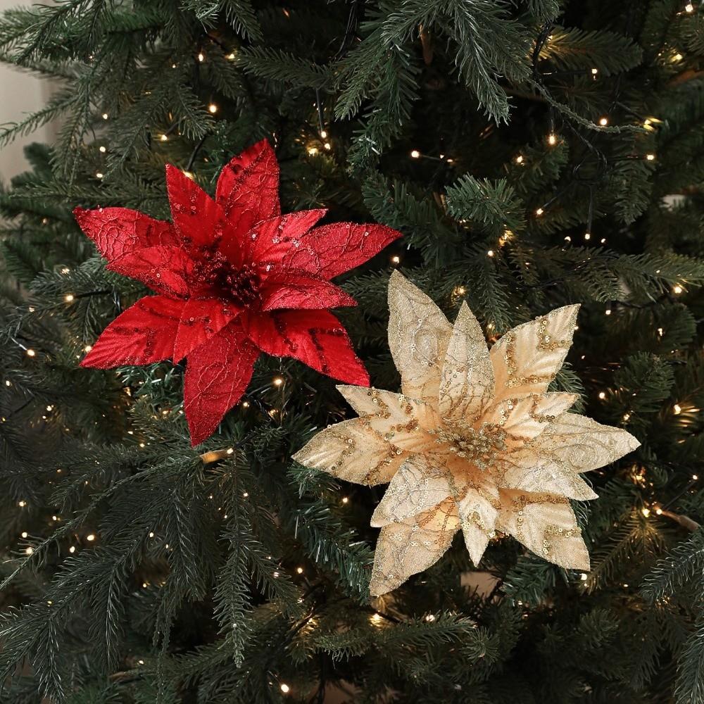 Glitzer Künstliche Weihnachtssternblume 28CM Pailletten Blume Weihnachtsbaumzubehör