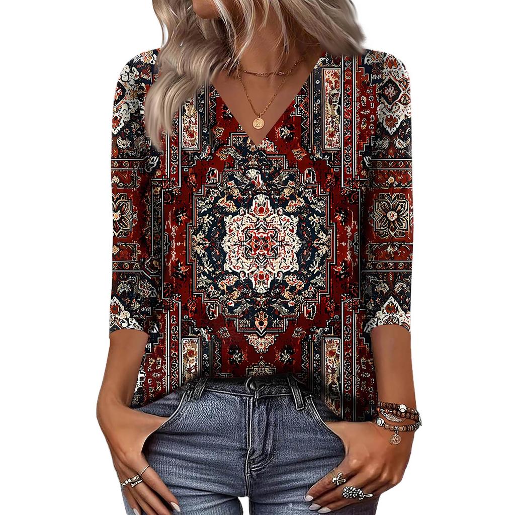 Women's 3/4 Sleeve Shirts V Neck Print Tops Casual Tops Basic Tees Blouse Loose Tops
