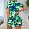 Women Plus Size Tropical Leaf Print V Neck Short Sleeve Button Front Fitted Romper