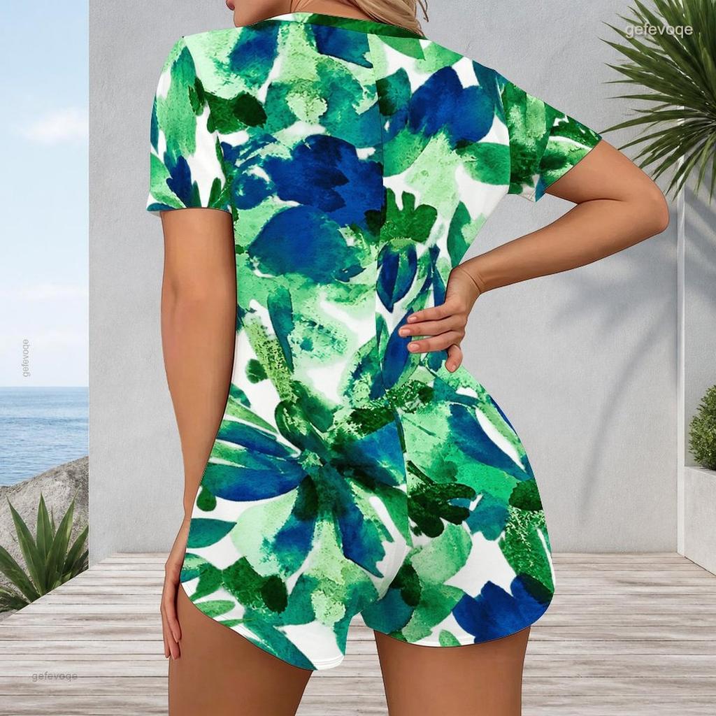 Women Plus Size Tropical Leaf Print V Neck Short Sleeve Button Front Fitted Romper