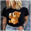 Unisex 100% Polyester Cartoon Brown Bear Print Loose Round Neck Casual Short Sleeve T-Shirt Fashion Top for Summer