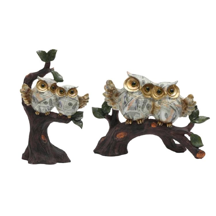 Exquisites Owl Ornament with Water Transfer Detailing Resins Owl Perching On Tree Branch Sculpture for Home Display