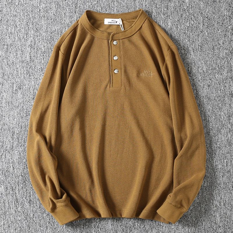 Export American Style Casual Henry Collar Letter Embroidered Long Sleeve T-shirt Men's Spring and Autumn 240G Heavy Weight Waffle Bottoming Shirt
