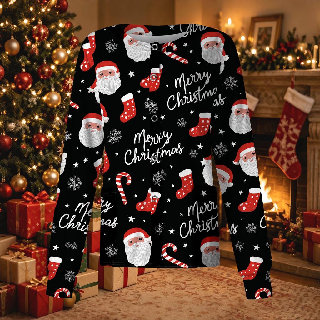 Women's Christmas Print Long Sleeve Caregiver Cardigan Top with Single-Breasted Button Front