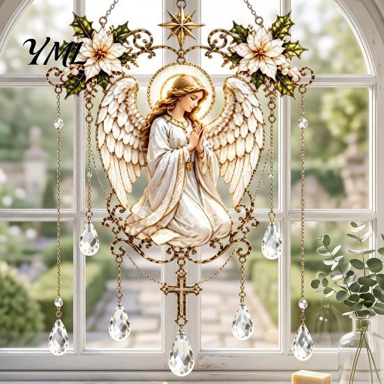 Stained Glass Angel Window Hanging Effect Blessing Suncatcher, Acrylic Prayer Space Ornament with Faux Crystal Charm for Home Garden Decor