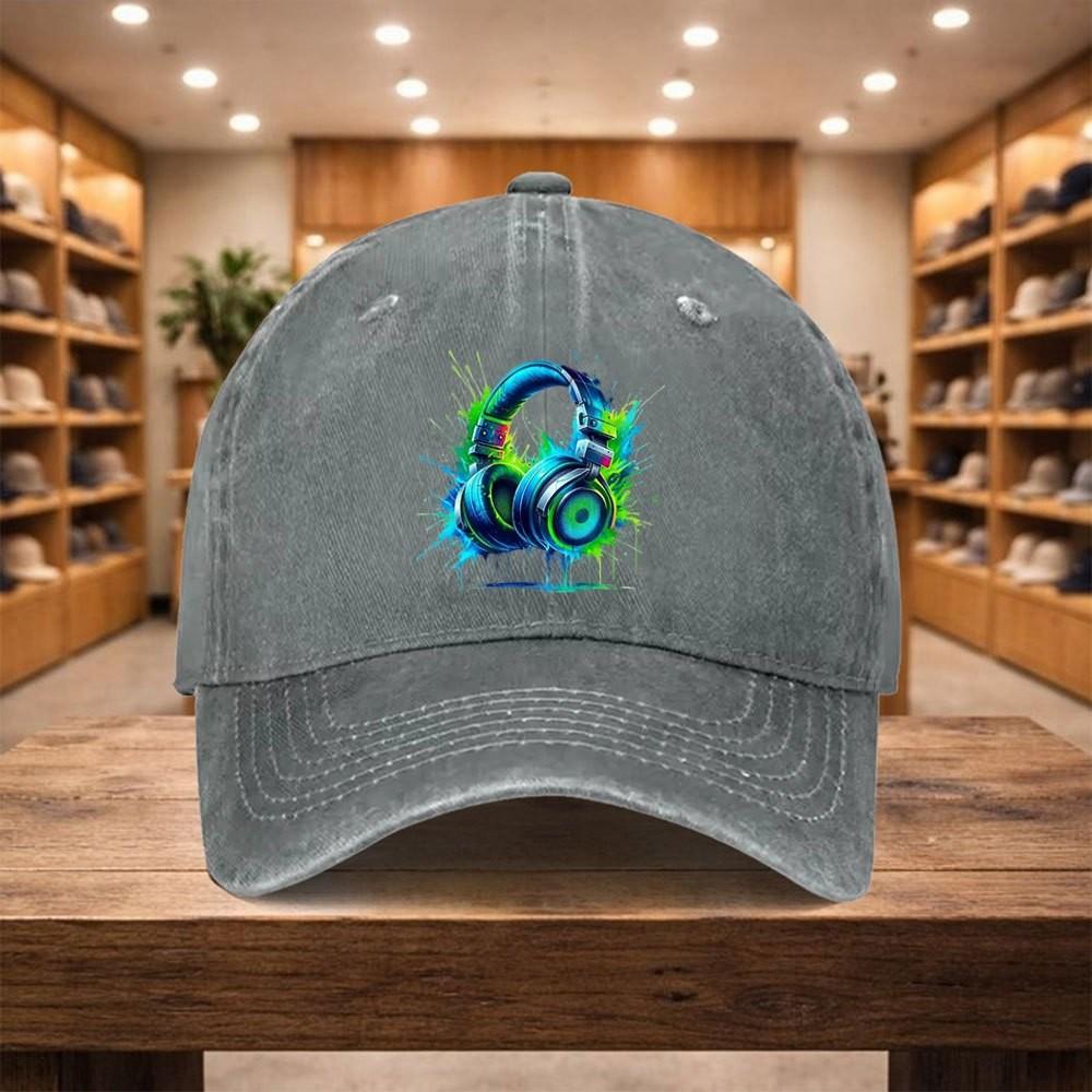 Gaming Headset Print Baseball Cap Washed Denim Adjustable Sports Hat Unisex Casual Streetwear