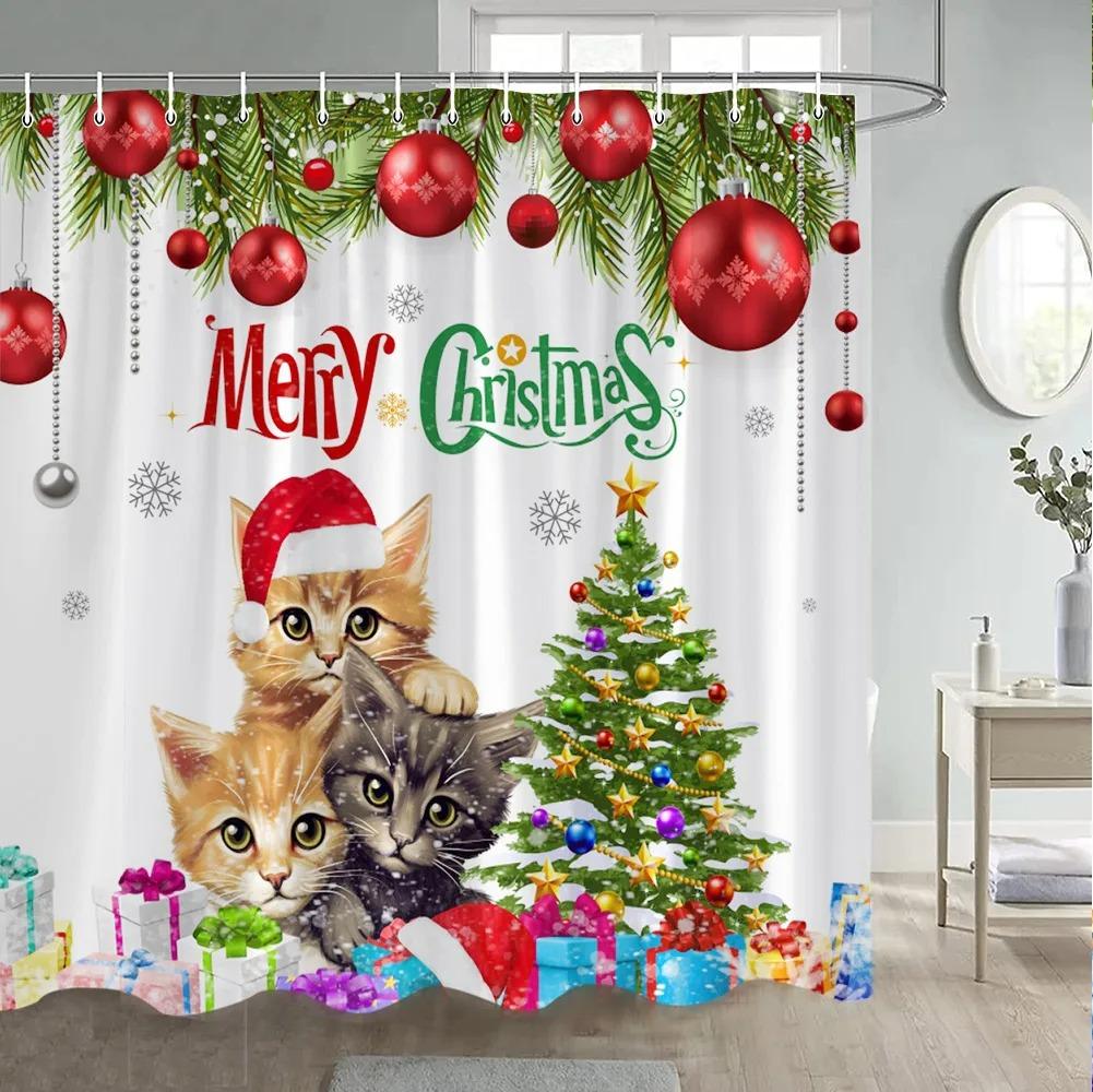 Winter Christmas Shower Curtain Funny Snowman Xmas Trees Fireplace Truck Forest Snowy Scene New Year Holiday Home Bathroom Decor