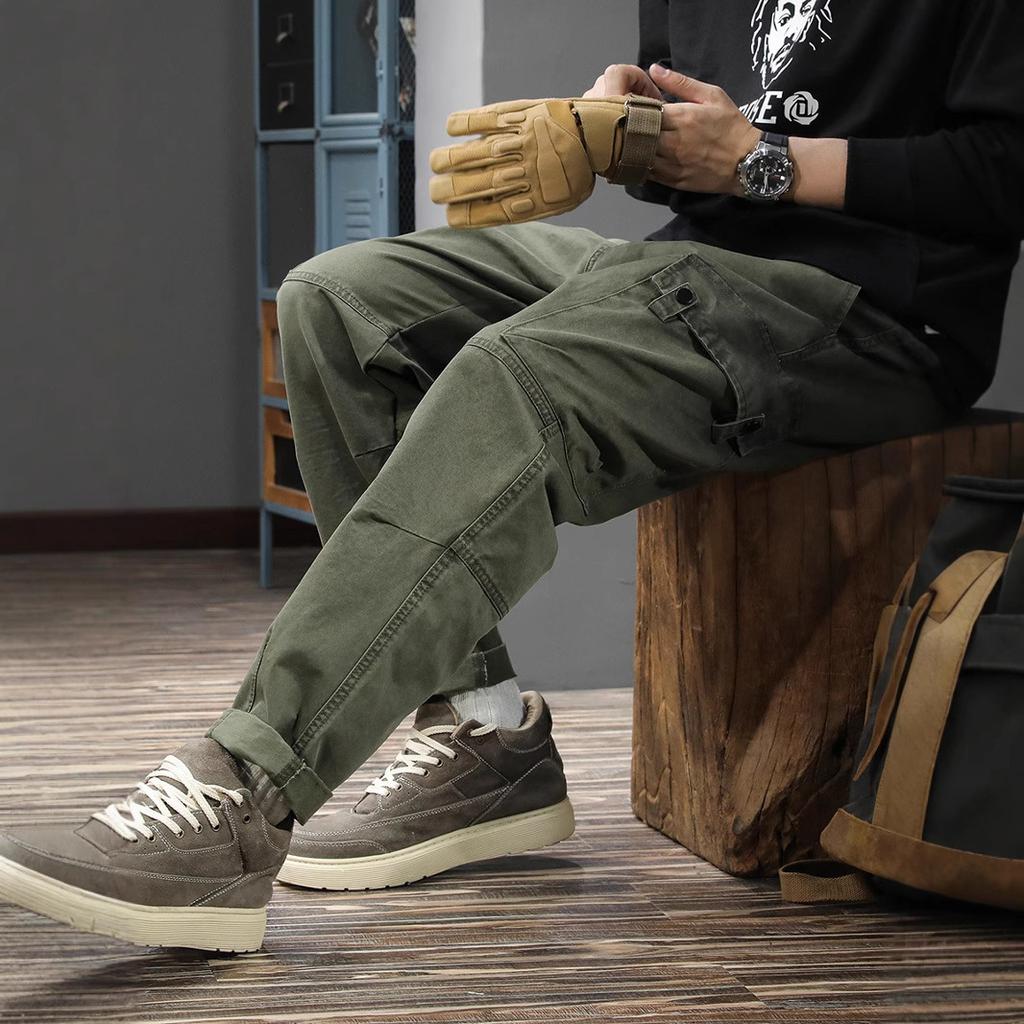American trendy brand retro functional splicing overalls men's loose straight large size Harlan pants spring pure cotton casual pants