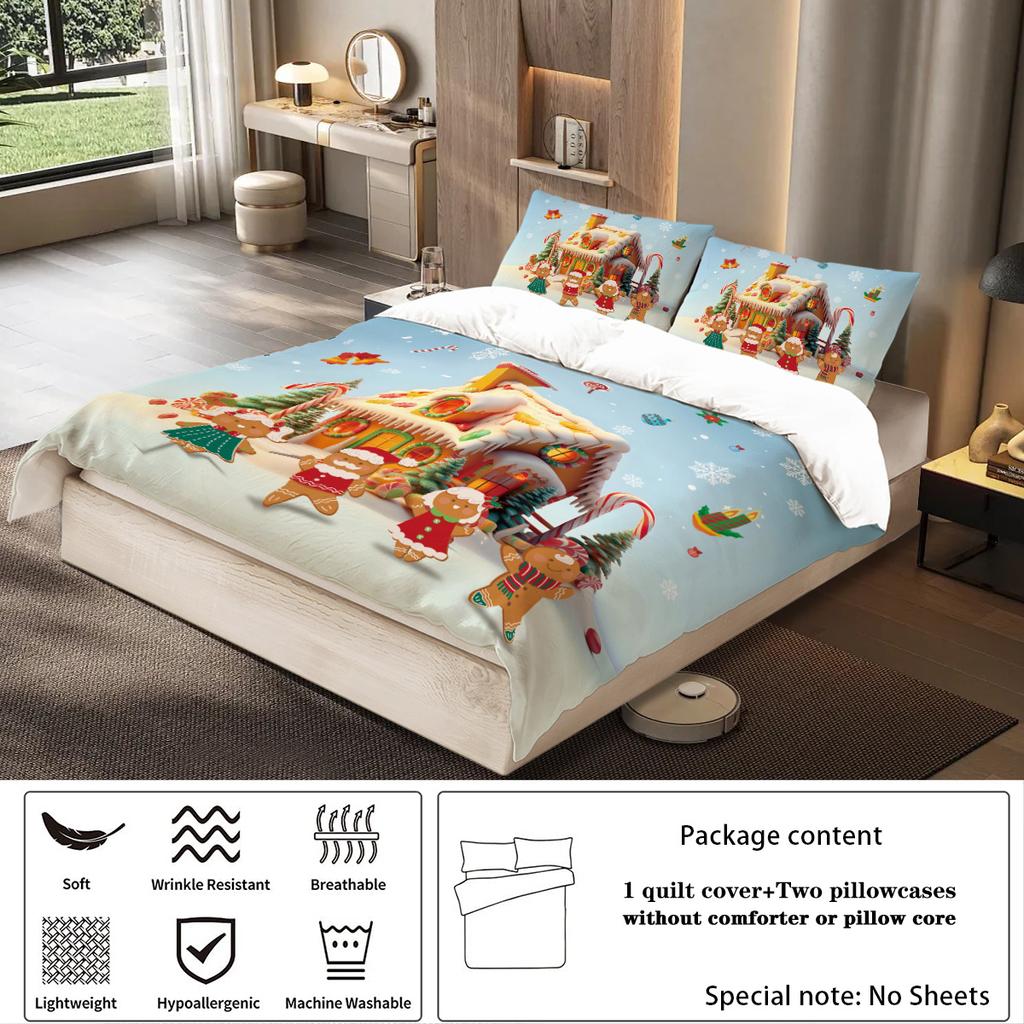 3-piece Christmas gingerbread man pattern print (1 duvet cover+2 pillowcases, no core) comfortable bedding set